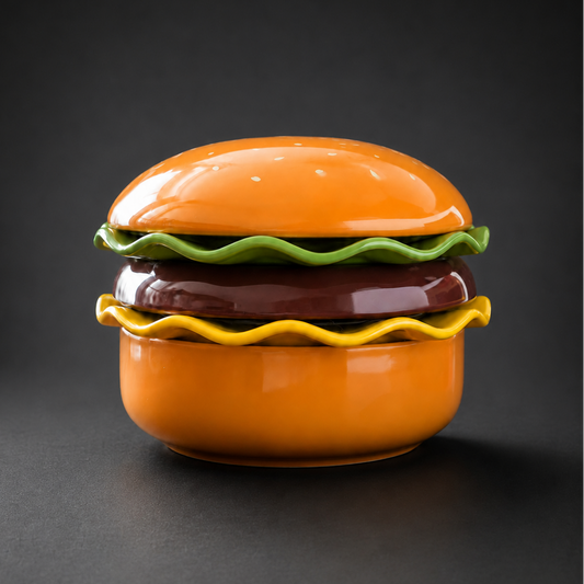 A glossy ceramic container shaped like a hamburger, featuring an orange bun, brown patty, green lettuce, and yellow cheese, set against a dark gray background.