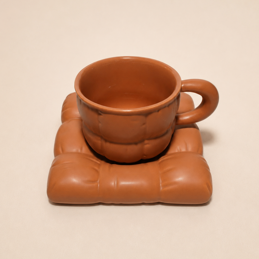 A terracotta-colored ceramic cup with a matching textured, padded square coaster, set against a solid light beige background.