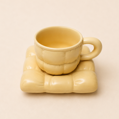 A pale yellow ceramic cup with a matching textured square coaster, set against a solid light beige background.