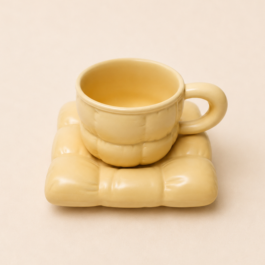 A pale yellow ceramic cup with a matching textured square coaster, set against a solid light beige background.