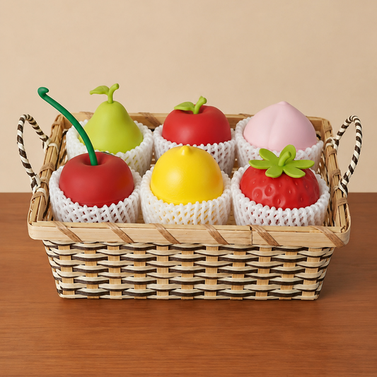 A woven rectangular basket holding six toy fruit-shaped Aromatherapy Set in white mesh sleeves, arranged on a wooden surface against a plain beige background.
