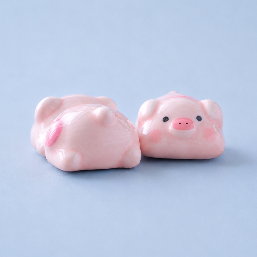Two small pink pig figurines or chopstick rest on a smooth light blue background, one facing forward with a smiling face and the other lying on its side.