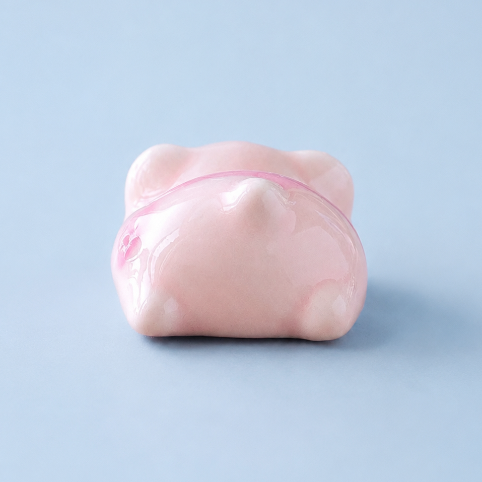 A small glossy pink pig-shaped home decor or figurine or chopstick rest shown from the back on a light blue background.
