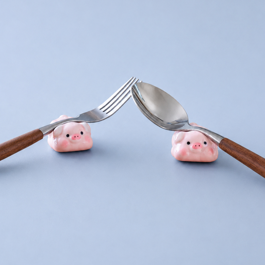 A decorative flat-lay of a metal fork and spoon crossed over each other, each resting on a small pink pig-shaped stand with a wooden handle, against a solid light blue background.