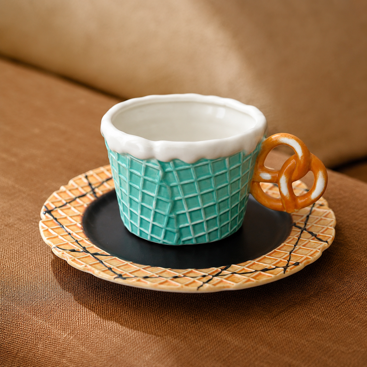 A ceramic coffee cup designed to look like an ice cream cone, with a turquoise waffle-textured body, white frosting top, and an orange pretzel-shaped handle, shown on a matching saucer against a warm brown background.