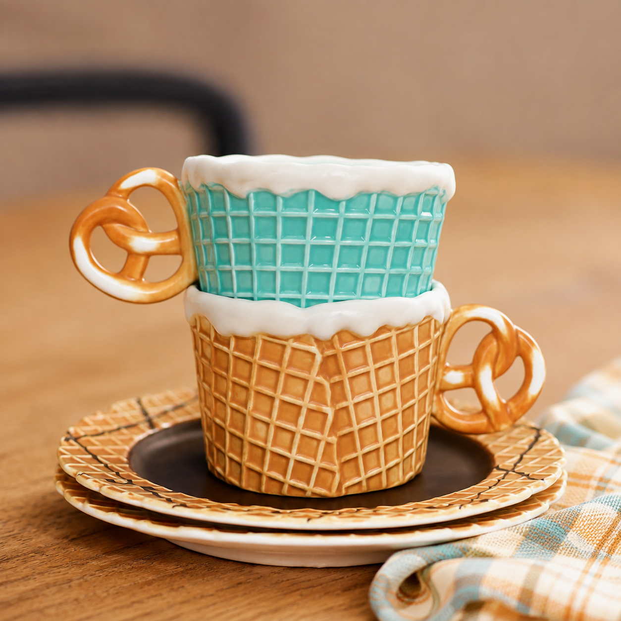 A ceramic coffee mug designed to look like an ice cream cone, with a turquoise blue waffle-cone top, white faux-ice cream drizzle, and a golden-brown waffle-cone base with pretzel-shaped handles, shown on a wooden table with matching plates and a plaid cloth.