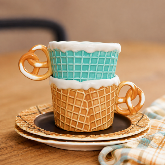 A ceramic coffee mug designed to look like an ice cream cone, with a turquoise blue waffle-cone top, white faux-ice cream drizzle, and a golden-brown waffle-cone base with pretzel-shaped handles, shown on a wooden table with matching plates and a plaid cloth.