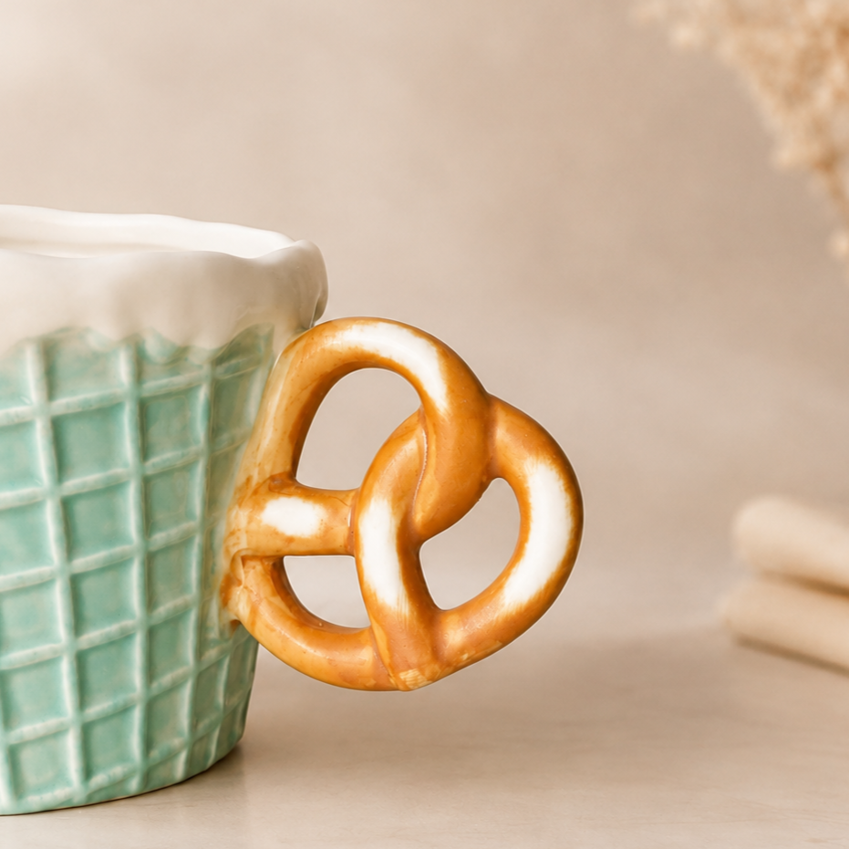A ceramic mug with a mint green waffle-like pattern and white frosting at the rim, featuring a realistic pretzel-shaped handle, shown on a warm beige background.