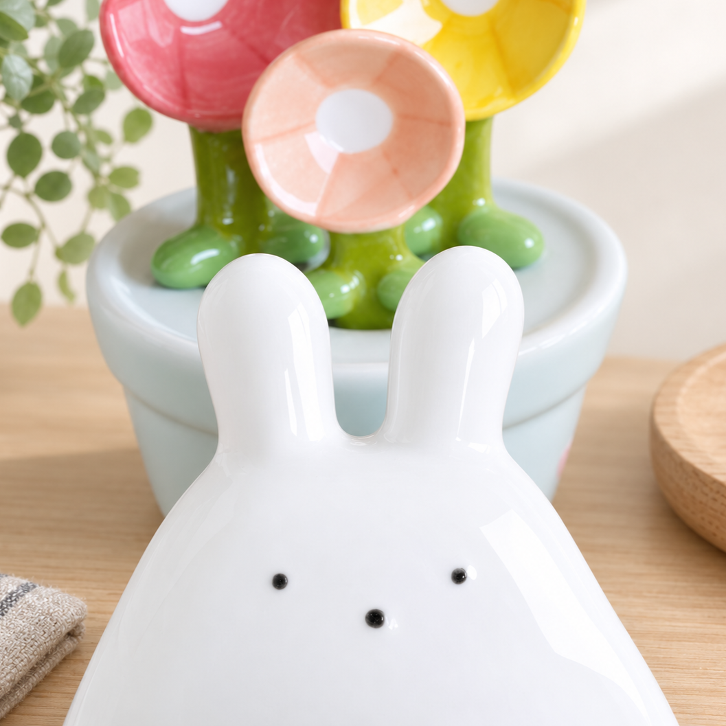 A white ceramic rabbit-shaped salt and pepper shaker in the foreground, with a pastel flower pot and colorful flower-shaped containers in the background on a wooden surface.