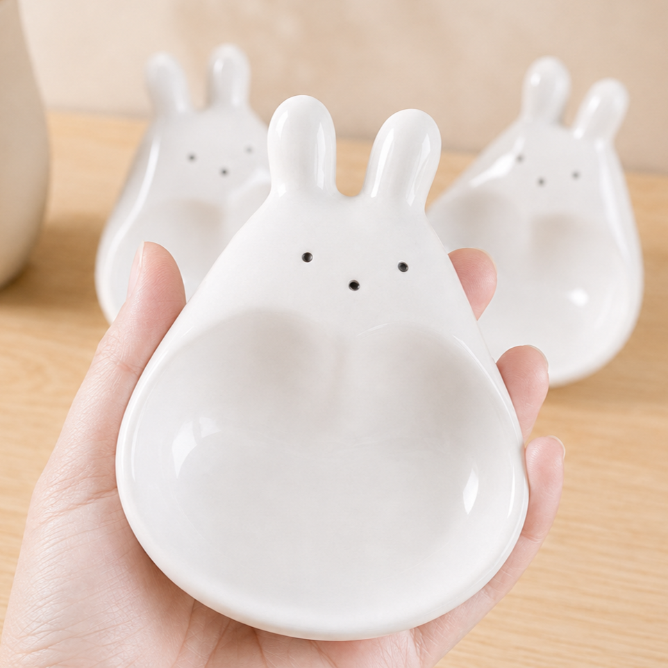 A hand holds a small white ceramic rabbit-shaped dish in the foreground, with two more matching dishes blurred in the background on a light wood surface.