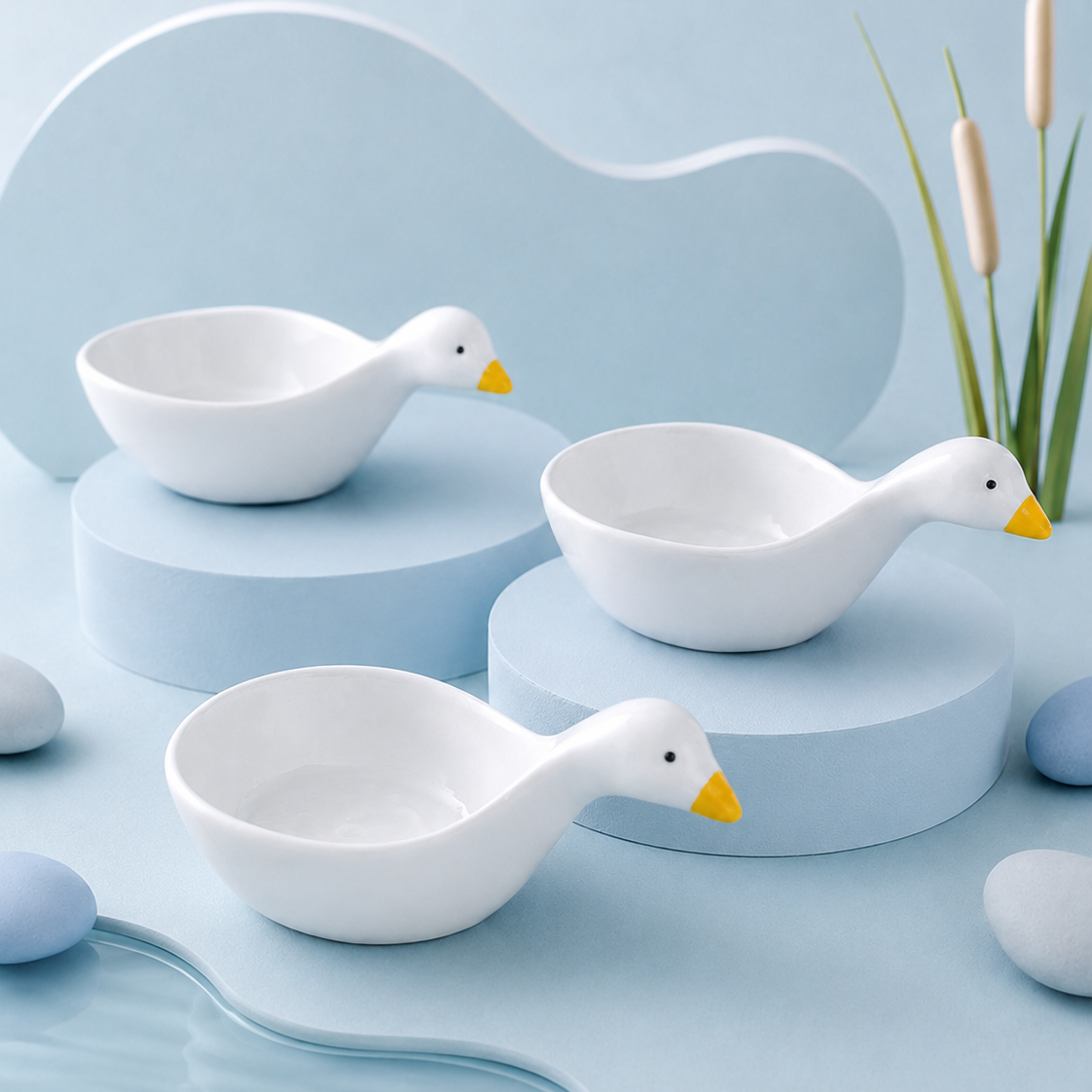 Three white duck-shaped bowls with yellow beaks arranged on light blue pedestals against a soft blue background, with decorative reeds and stones around them.