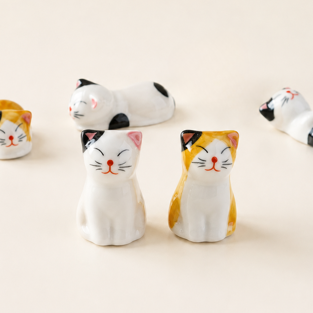 Six small ceramic cat figurines in various poses, including some with calico patterns (white, black, and yellow/orange) and others solid white, arranged on a plain beige background.