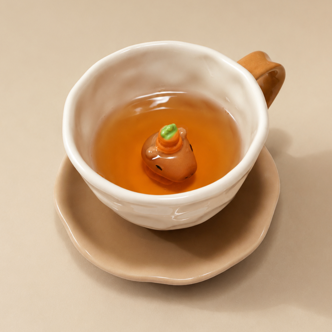 White ceramic capybara tea cup and saucer filled with amber tea, revealing a cute 3D capybara head topped with orange yuzu and a green leaf inside the cup.