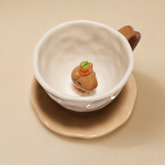 Close-up of a white ceramic capybara teacup with matching saucer, featuring a 3D capybara head topped with a tiny orange yuzu fruit and green leaf inside the cup.