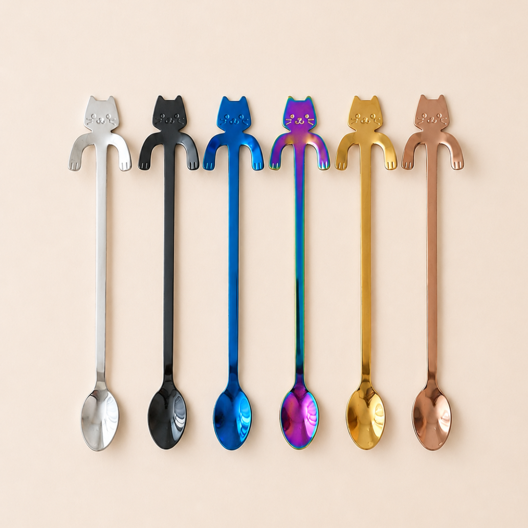 Six stainless steel spoons with cat-shaped handles are lined up horizontally against a light beige background. The spoons have different finishes: silver, black, blue, iridescent purple, gold, and rose gold.