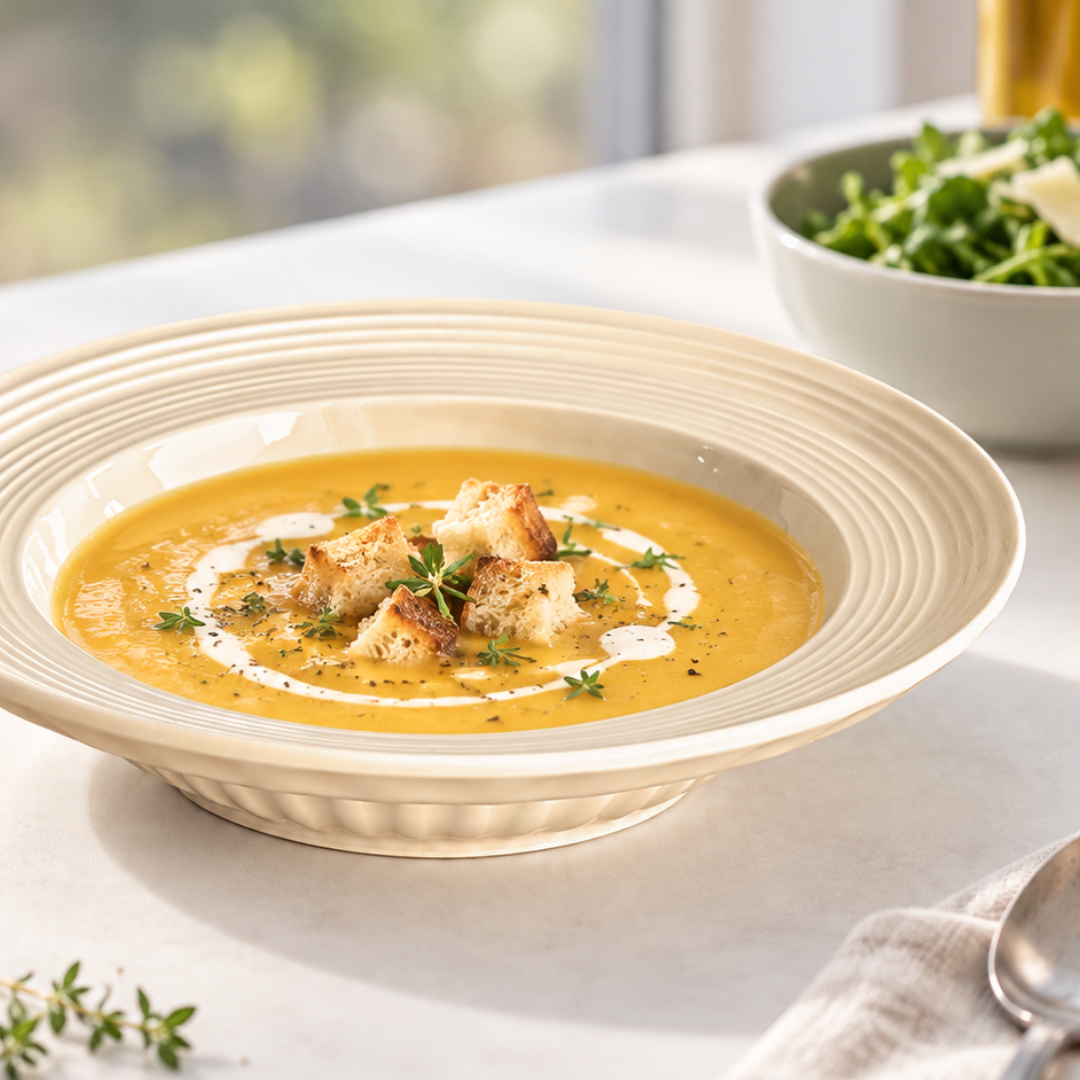 A creamy yellow soup in a beige ribbed ceramic bowl, garnished with a swirl of sour cream, fresh parsley, and golden-brown croutons, set on a light tabletop with a salad bowl in the background.