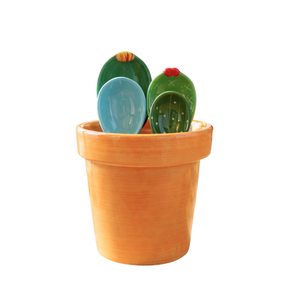 Green and blue ceramic cactus measuring spoons and cup set