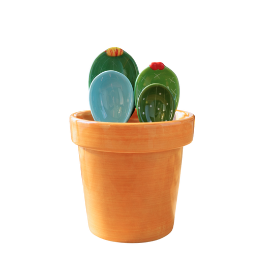 Green and blue ceramic cactus measuring spoons and cup set
