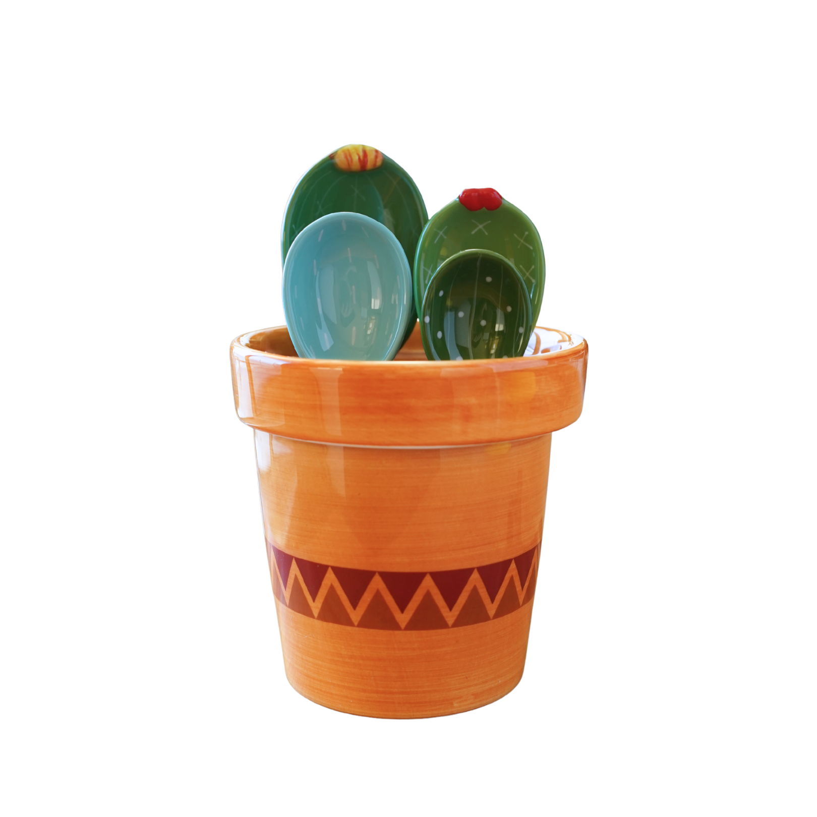 Green and blue cactus measuring spoons with striped terracotta ceramic cup