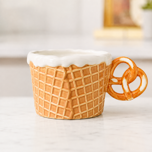 An ice cream cone mug with a waffle-cone body, white faux-cream top, and a pretzel-shaped handle, shown on a light marble surface.