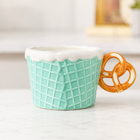 A ceramic mug designed to look like an ice cream cone, featuring a mint green waffle-cone body with white grid lines, white faux-cream detailing at the rim, and a pretzel-shaped handle.