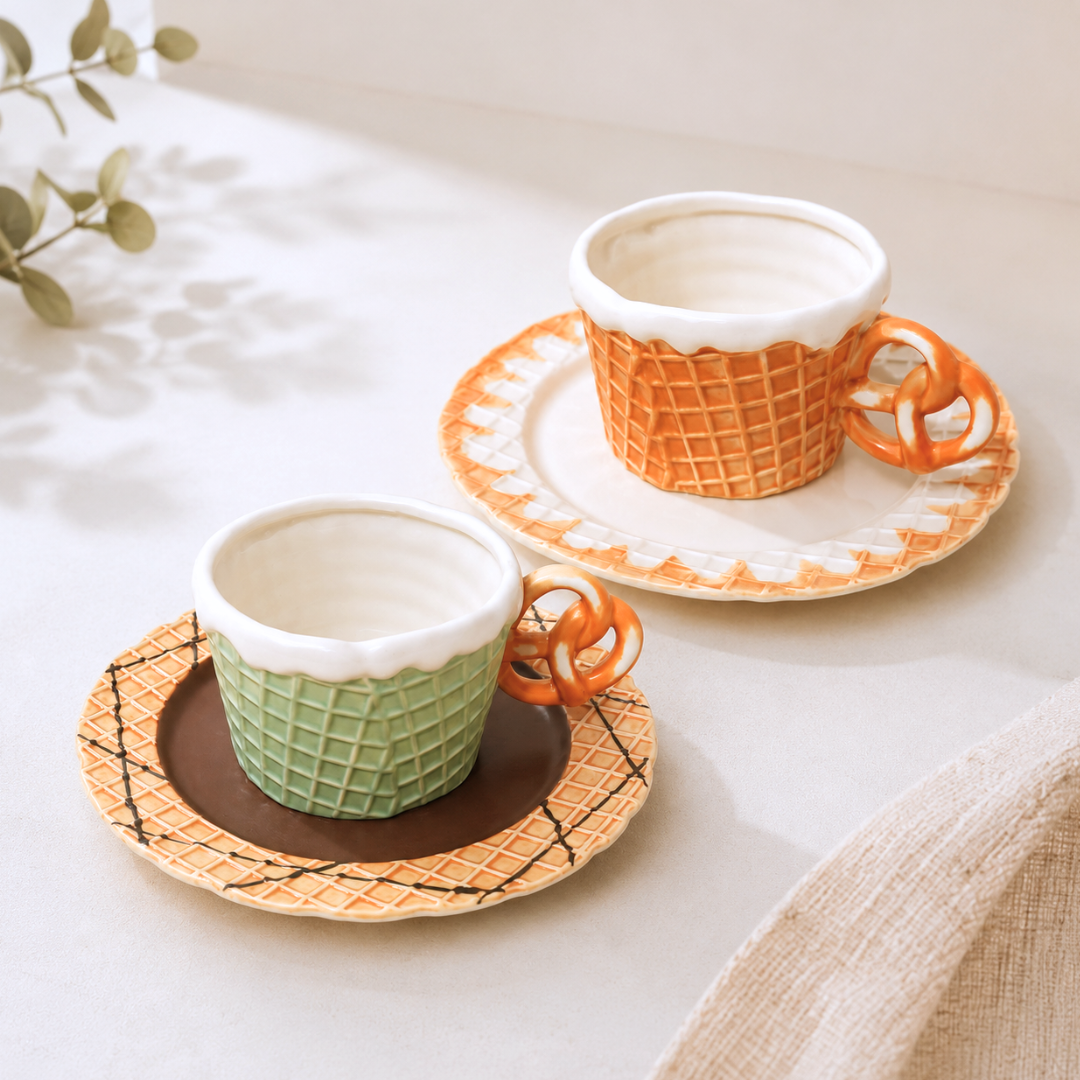 Two ceramic ice cream-themed cups with waffle-textured sides and white cream rims, shown with matching saucers on a light beige surface. One cup is green and the other is orange, each with a pretzel-shaped handle.